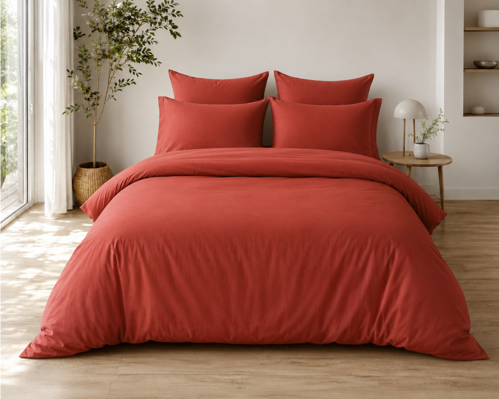 Parure de Lit Complète 240 x 220 cm Terracotta - 100% Coton 57 Fils - Drap-Housse 140x190 + 4 Taies