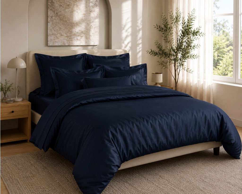Housse de Couette 240 x 220 cm Prestige 120 Fils/cm² Satin de Coton Bleu Velours