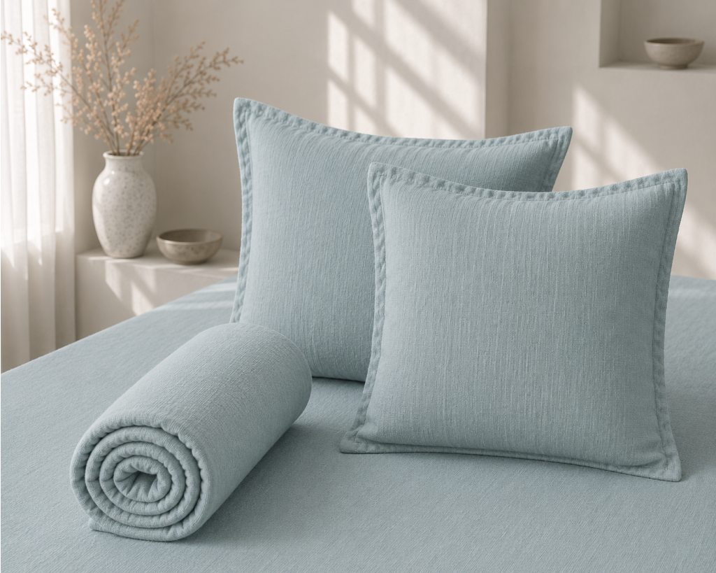 Parure Drap Housse 140 x 190 cm + 2 Taies 60x60 cm 100% Lin Français - Azur