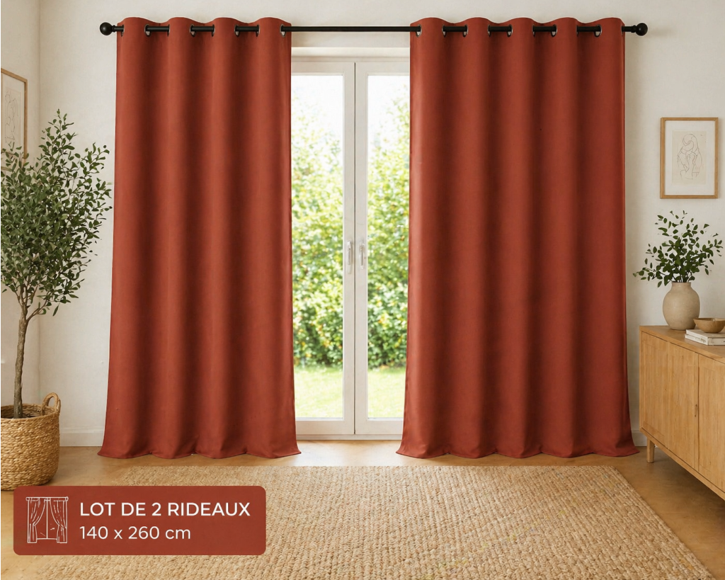 Lot de 2 Rideaux 100% Coton Prélavé 140 x 260 cm – KALA TERRACOTTA