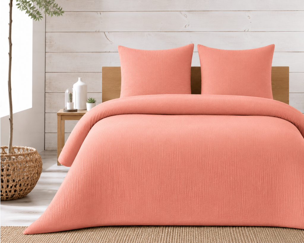 Parure de lit complète 260 x 240 cm gaze de coton – 2 taies 63x63 cm + drap housse 160x200 cm Rose