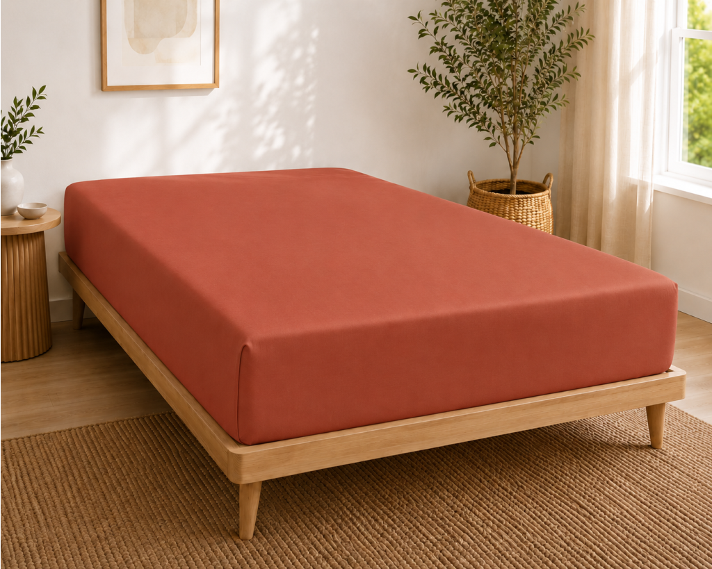 Drap-housse 140 x 190 cm Percale de Coton Peigné Terracotta – 80 fils/cm² – Bonnet 35 cm