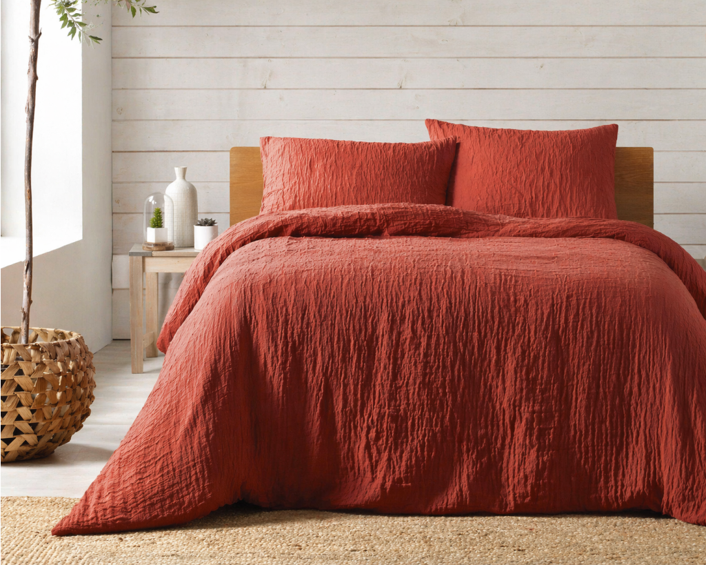 Parure de lit complète 260 x 240 cm gaze de coton – 2 taies 63x63 cm + drap housse 160x200 cm Terracotta