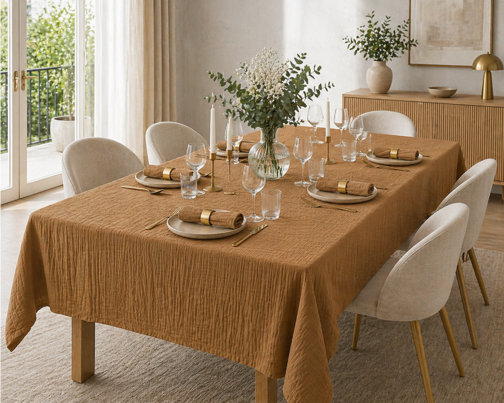 Nappe rectangle 150 x 350 cm + 6 serviettes de table – Double gaze de coton GAÏA Camel