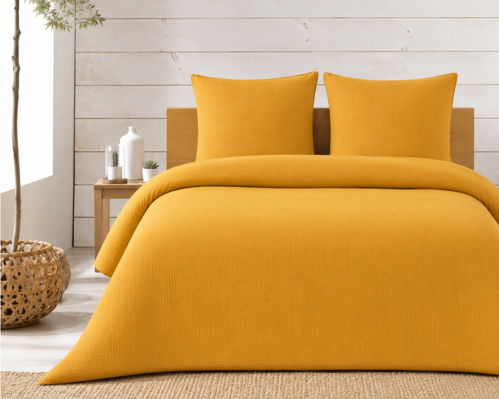 Parure de lit complète 240 x 220 cm gaze de coton – 2 taies 63x63 cm + drap housse 140x190 cm Jaune