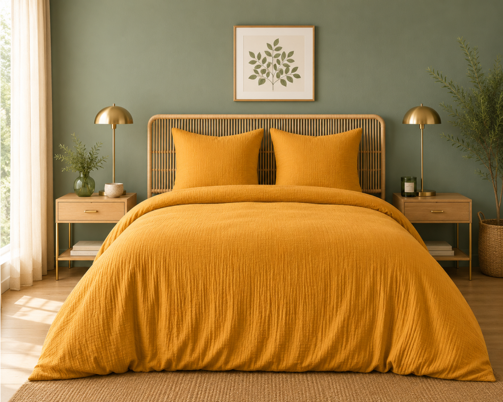 Parure de lit en Gaze de Coton 240 x 220 cm + 2 Taies 65 x 65 cm Epure Jaune