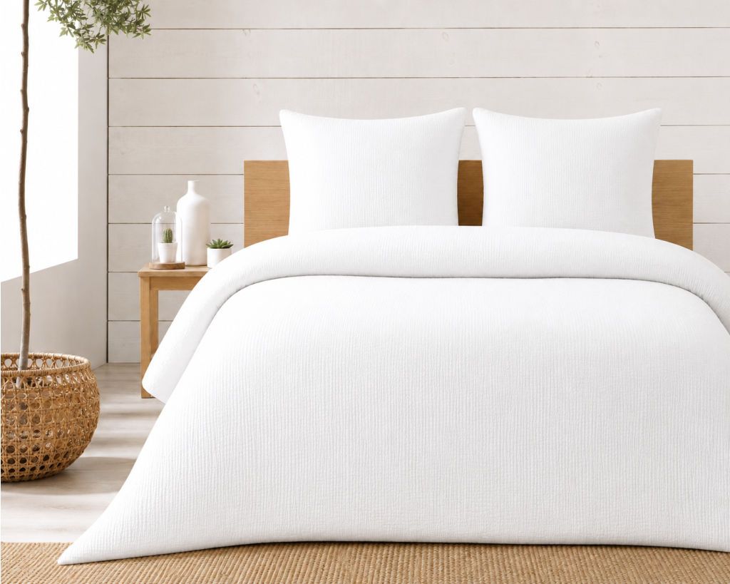 Parure de lit complète 260 x 240 cm gaze de coton – 2 taies 63x63 cm + drap housse 160x200 cm Blanc