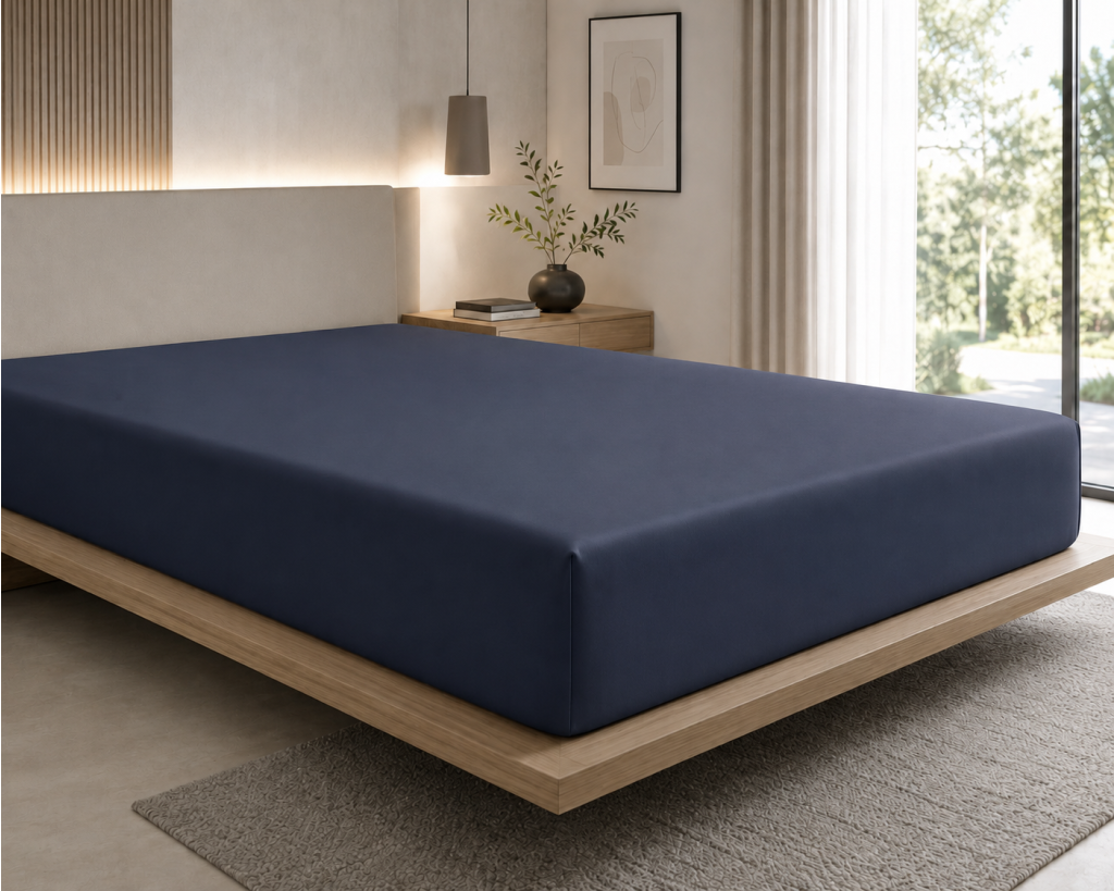 Drap-Housse 180 x 200 cm Prestige Bleu – Satin de Coton Peigné 120 fils/cm² – Bonnet 30 cm