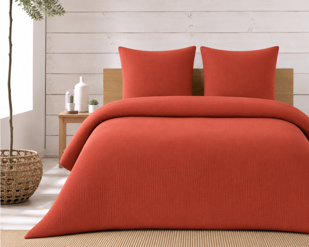 Parure de lit complète 260 x 240 cm gaze de coton – 2 taies 63x63 cm + drap housse 160x200 cm Terracotta