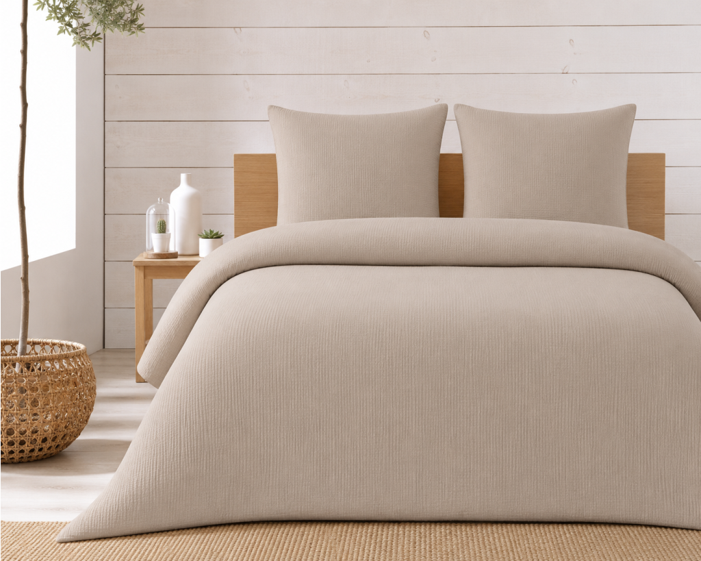 Parure de lit complète 260 x 240 cm gaze de coton – 2 taies 63x63 cm + drap housse 160x200 cm Sable