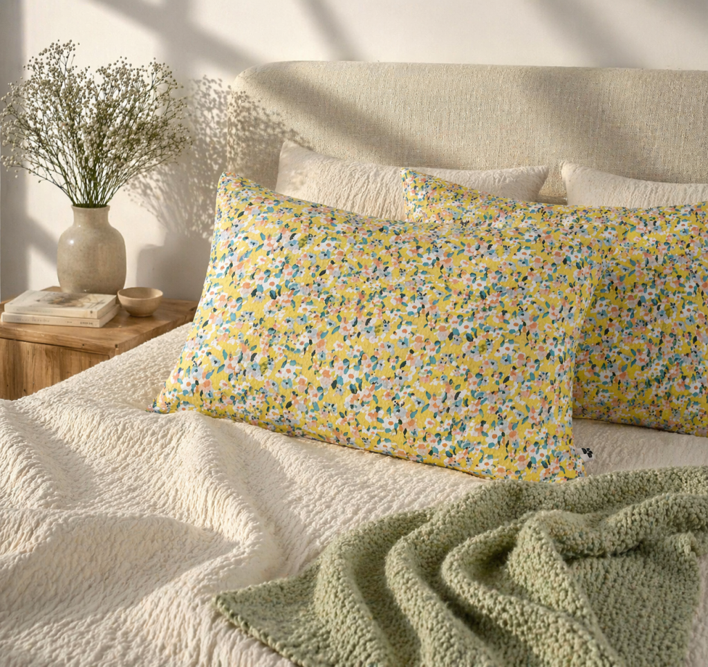 Taie d’Oreiller 50 x 70 cm – Gaze de Coton Imprimée – MANON Jaune Multicolore