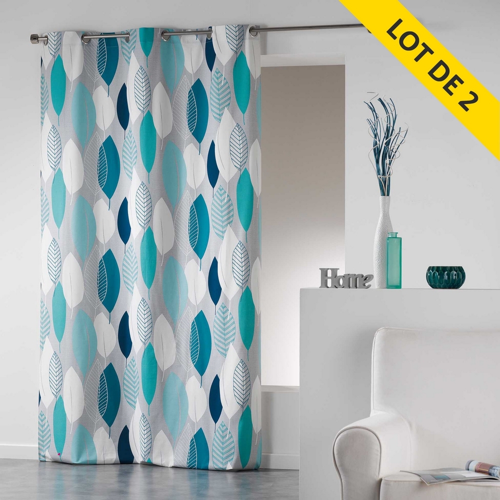 Lot de 2 rideaux à œillets – 140 x 240 cm – coton tamisant imprimé Leafy – bleu