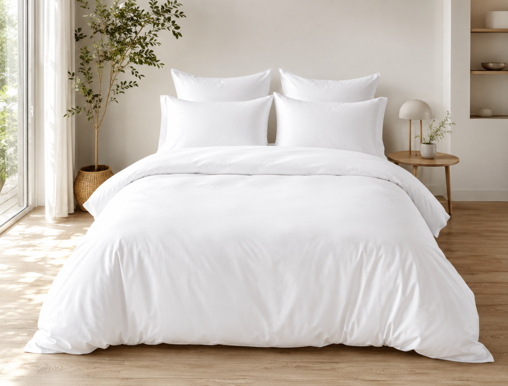 Parure de Lit Complète 240 x 220 cm Blanc - 100% Coton 57 Fils - Drap-Housse 140x190 + 4 Taies