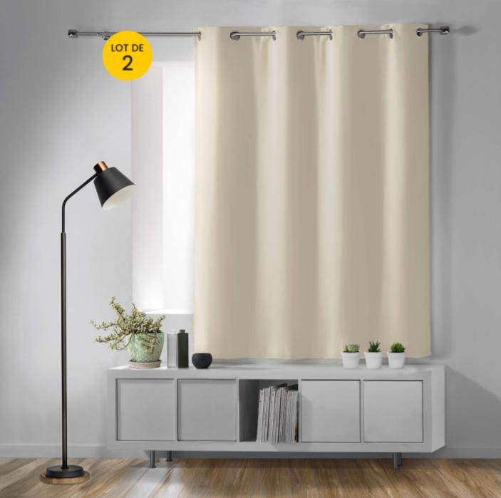 Lot de 2 Rideaux Occultants à Œillets 135 x 180 cm – Uni Naturel – Petite Hauteur