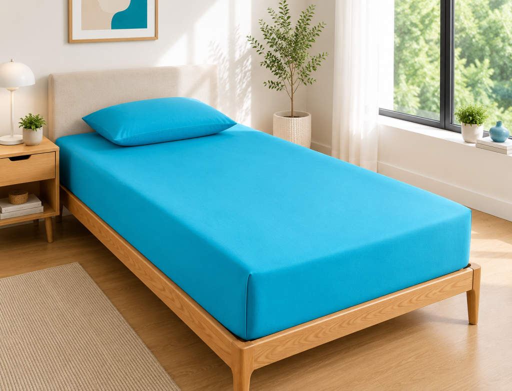 Drap Housse 90x190 cm 1 Place 100% Coton 57 Fils/cm² Bonnet 30 cm Cyan