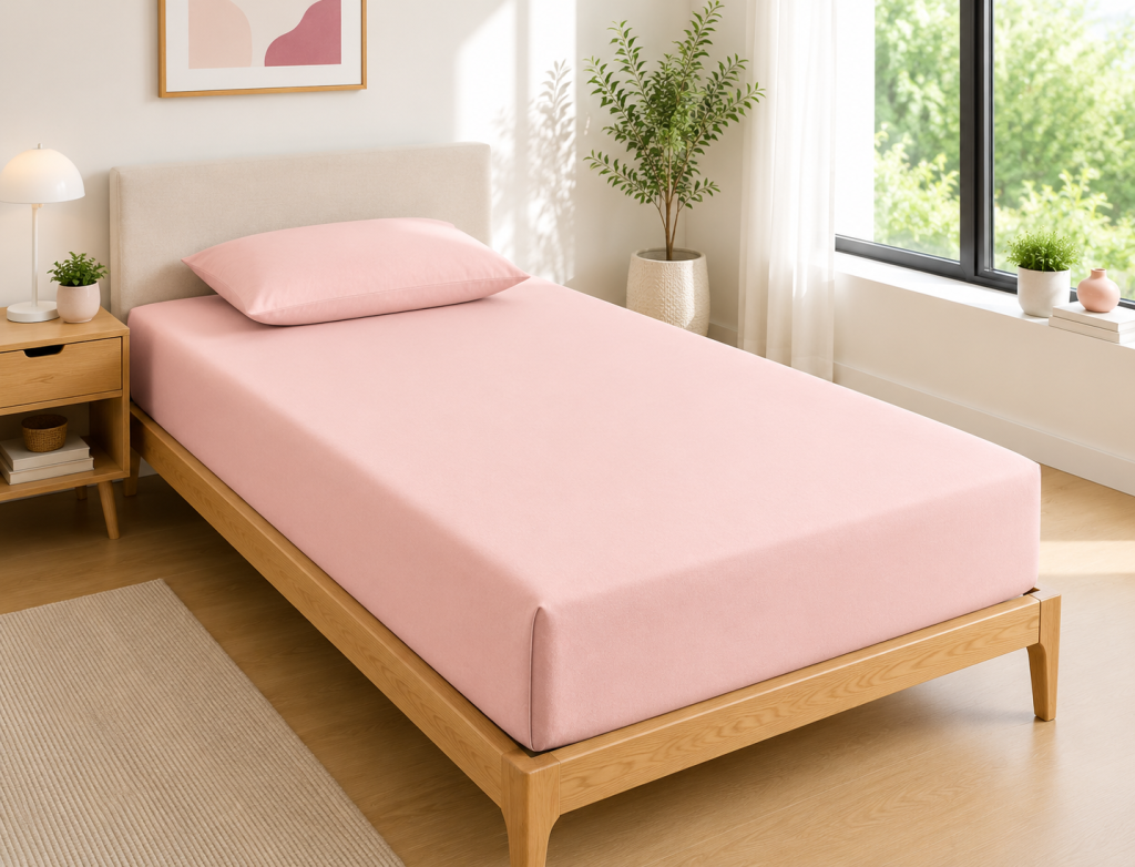 Drap Housse 90x190 cm 1 Place 100% Coton 57 Fils/cm² Bonnet 30 cm Rose dragée