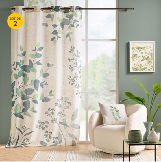Lot de 2 rideaux tamisants 140 x 260 cm – Œillets – Polyester/Lin – Motif végétal vert
