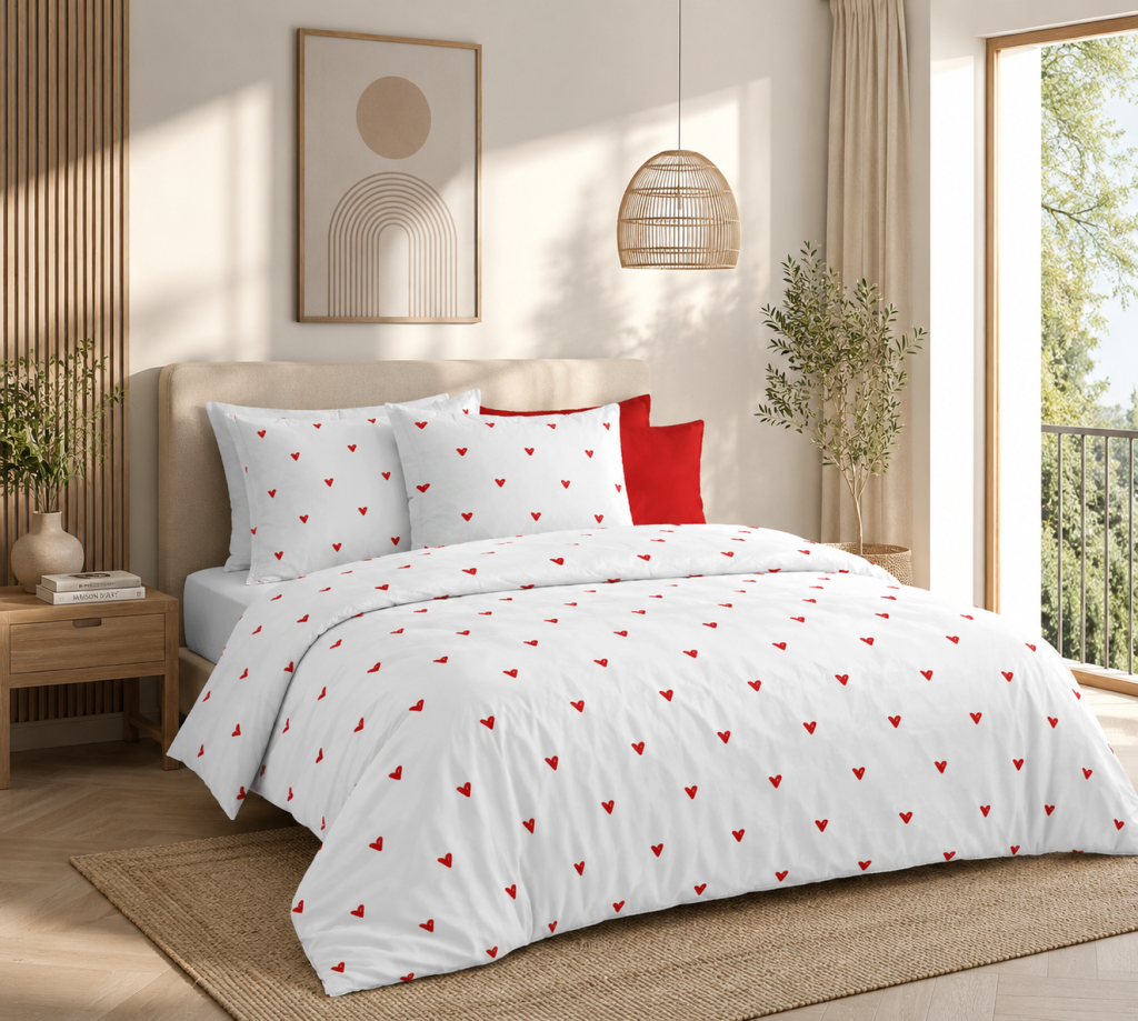 Parure de Couette 240 x 220 cm Mouna 3 Pièces Microfibre 75 g/m² Cœurs Rouges Blanc