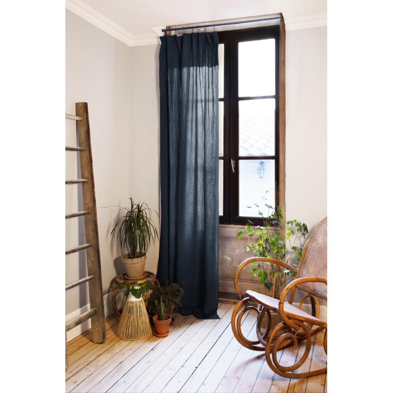 Lot de 2 rideaux 140 x 300 cm réglables double gaze de coton Bleu nuit