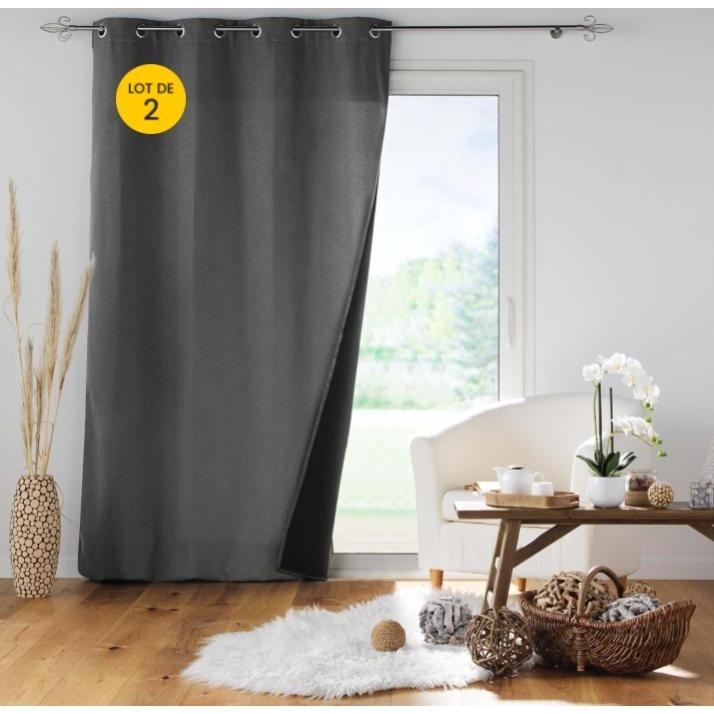 Lot de 2 rideaux à oeillets 140x 260 cm doublés polaire thermique Jupiter Anthracite