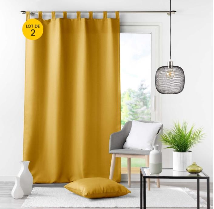 Lot de 2 Rideaux à Passants 140 x 260 cm – Uni Jaune – Essentiel