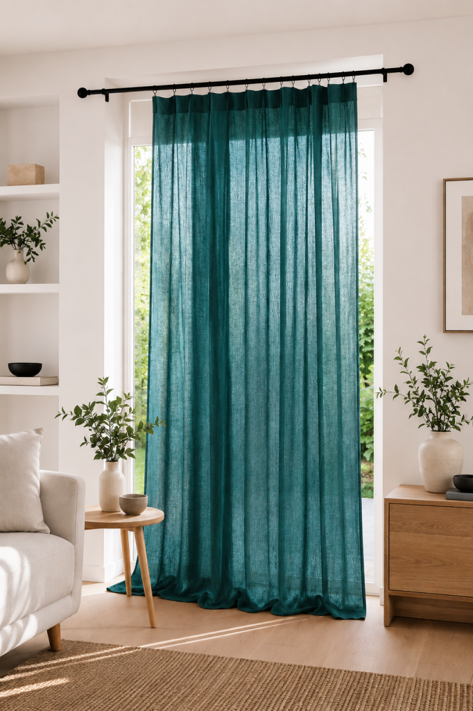 Rideau Ajustable Double Gaze de Coton 140 x 300 cm avec 8 Anneaux Pince GAÏA Canard – Hauteur Modulable