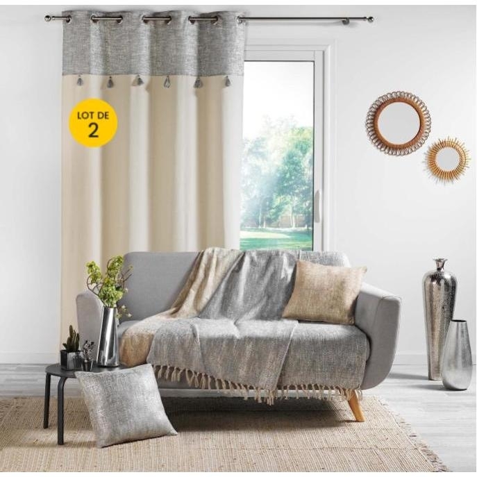 Lot de 2 Rideaux a oeillets 140 x 240 cm polycoton + haut métallisé Sultan Argent
