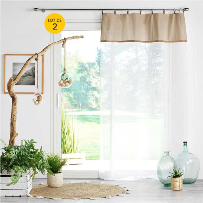 Lot de 2 Voilages à anneau 140 x 240 cm en polycoton sablé + jute Leana Beige
