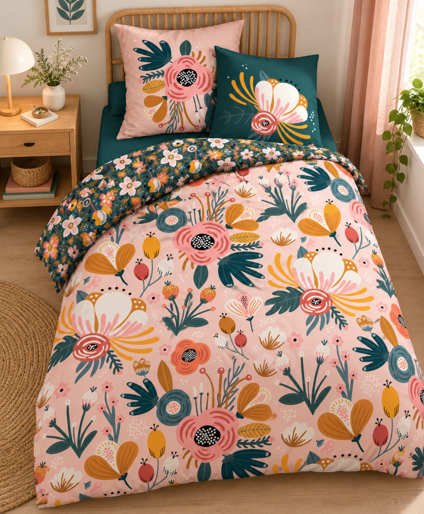 Parure de lit CHAMPETRE 140 x 200 cm + 1 taie - 100% coton imprimé réversible 57 fils