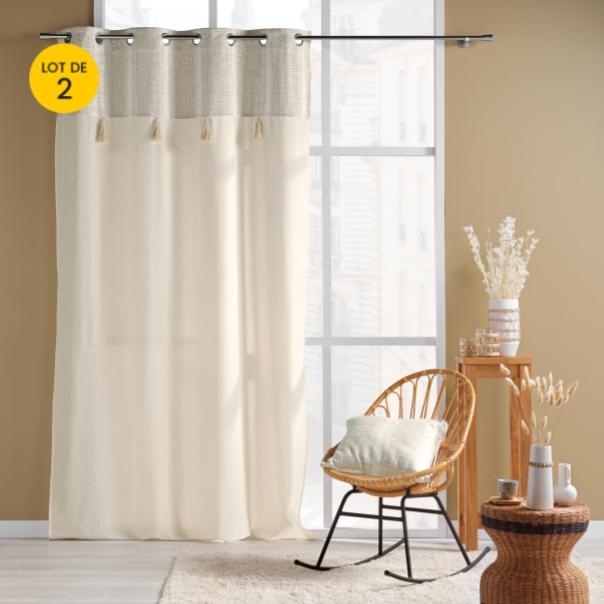 Lot de 2 rideaux a oeillets 140 x 240 cm poly-coton + haut tissé + pompon Island