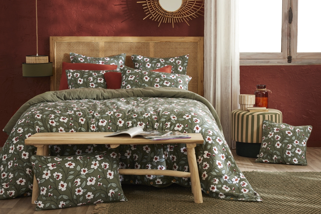 Housse de couette réversible 260 x 240 cm gaze de coton FLORA Romarin