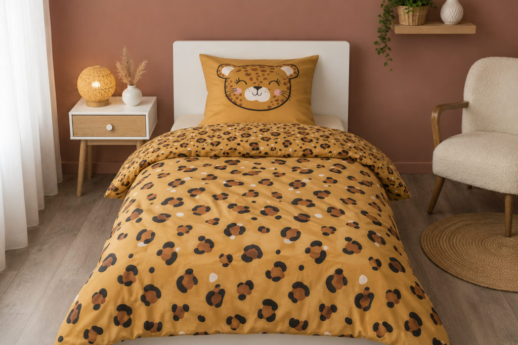 Parure de lit 140 x 200 cm Coton imprimé TIGRE – Housse de couette + 1 taie d’oreiller
