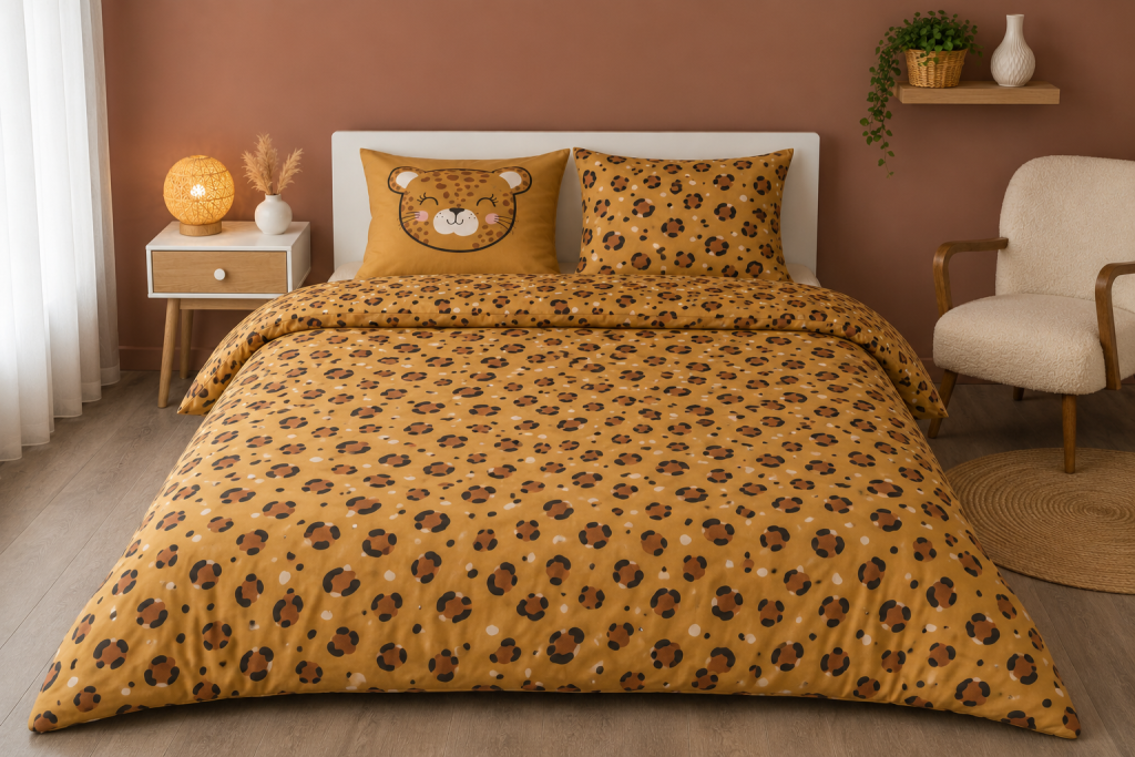 Parure de lit 240 x 220 cm Coton imprimé TIGRE – Housse de couette + 2 taies d’oreiller