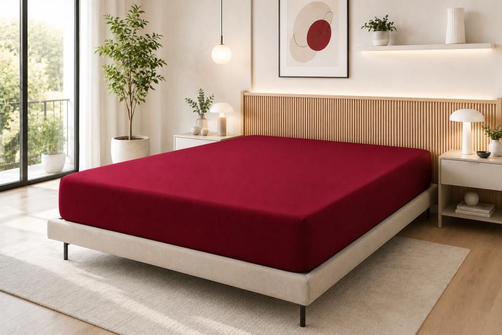 Drap Housse 160 x 200 cm Grenat – 100% Coton 57 Fils/cm²