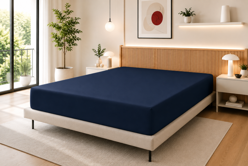 Drap Housse 160 x 200 cm Bleu nuit – 100% Coton 57 Fils/cm²- Bonnet 30 cm