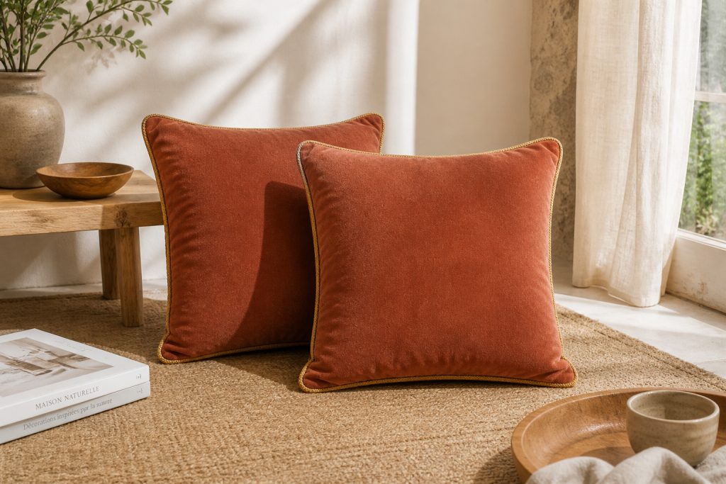 Lot de 2 Coussins Velours de Coton Terracotta 45 x 45 cm – Déhoussables avec zip – CÉSAR