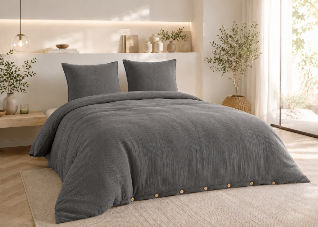 Parure de lit 240 x 220 cm Double gaze de coton GAÏA Granit + 2 taies 60x60 cm