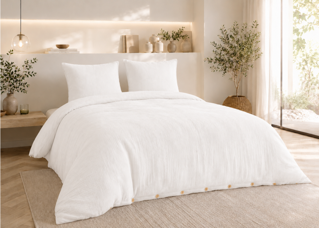 Parure de lit 240 x 220 cm Double gaze de coton GAÏA Blanc + 2 taies 60x60 cm