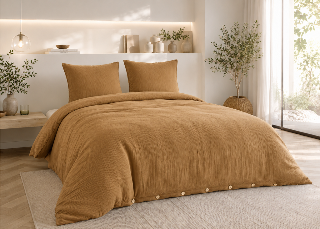 Parure de lit 240 x 220 cm Double gaze de coton GAÏA Camel + 2 taies 60x60 cm