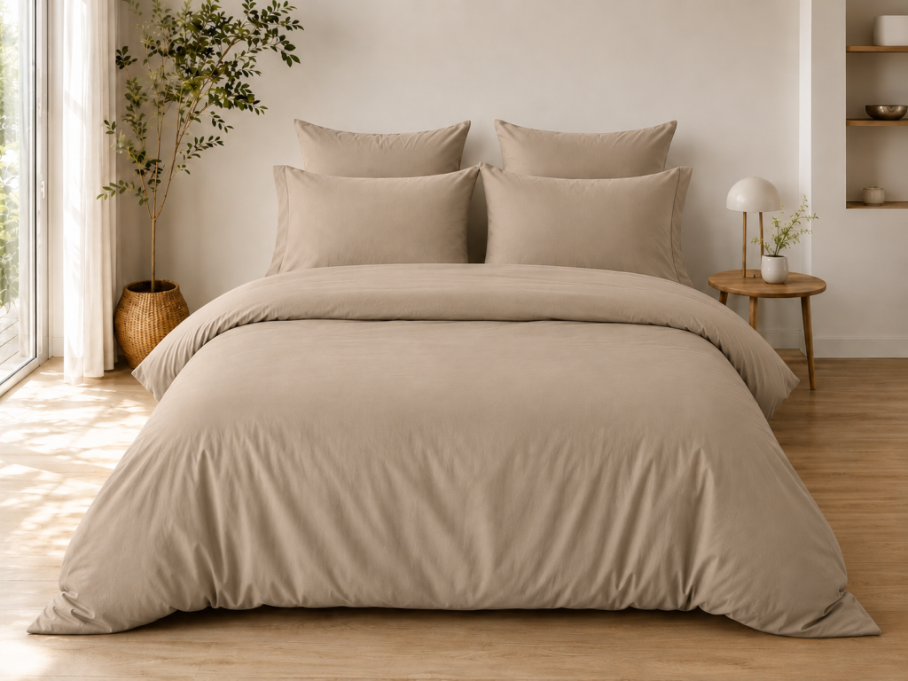 Parure de Lit Complète 240 x 220 cm Sable - 100% Coton 57 Fils - Drap-Housse 140x190 + 4 Taies