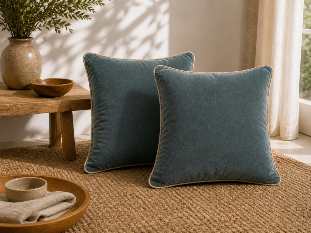 Lot de 2 Coussins Velours de Coton Ardoise 45 x 45 cm – Déhoussables avec zip – CÉSAR