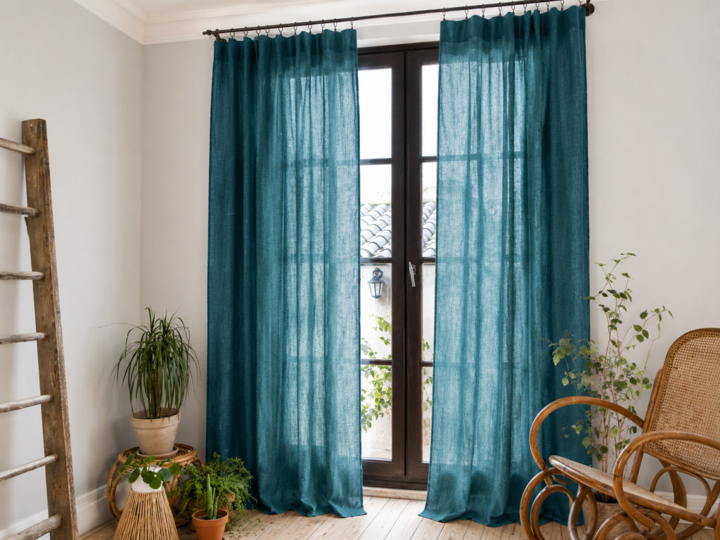 Lot de 2 rideaux gaze de coton Lot de 2 Rideaux Gaze de Coton Bleu canard 140x300 cm Ajustables – 8 Anneaux Pinces Inclus – Rideaux Tamisants Haut de Gammecm Bleu canard