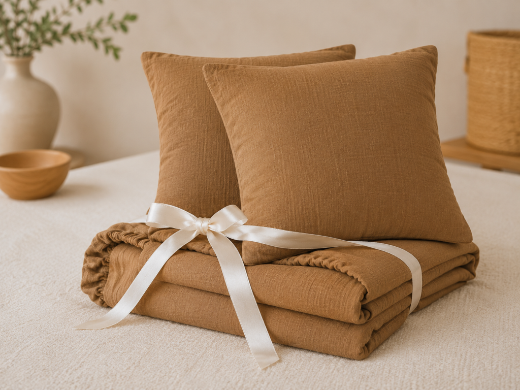 Pack Drap Housse 140 x 190 cm + 2 Taies d’Oreiller 60 x 60 cm Double Gaze de Coton GAÏA Camel