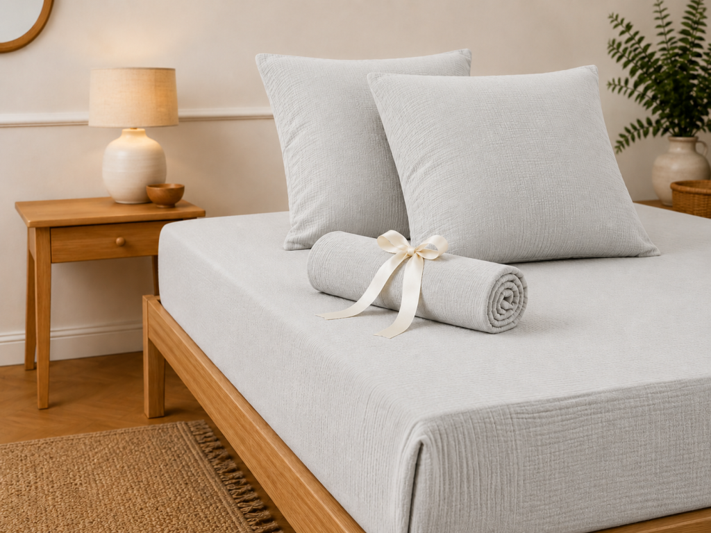 Pack Drap Housse 140 x 190 cm + 2 Taies d’Oreiller 60 x 60 cm Double Gaze de Coton GAÏA Nuage