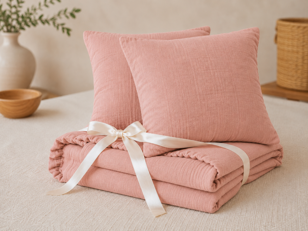 Pack Drap Housse 140 x 190 cm + 2 Taies d’Oreiller 60 x 60 cm Double Gaze de Coton GAÏA Rose pêche 