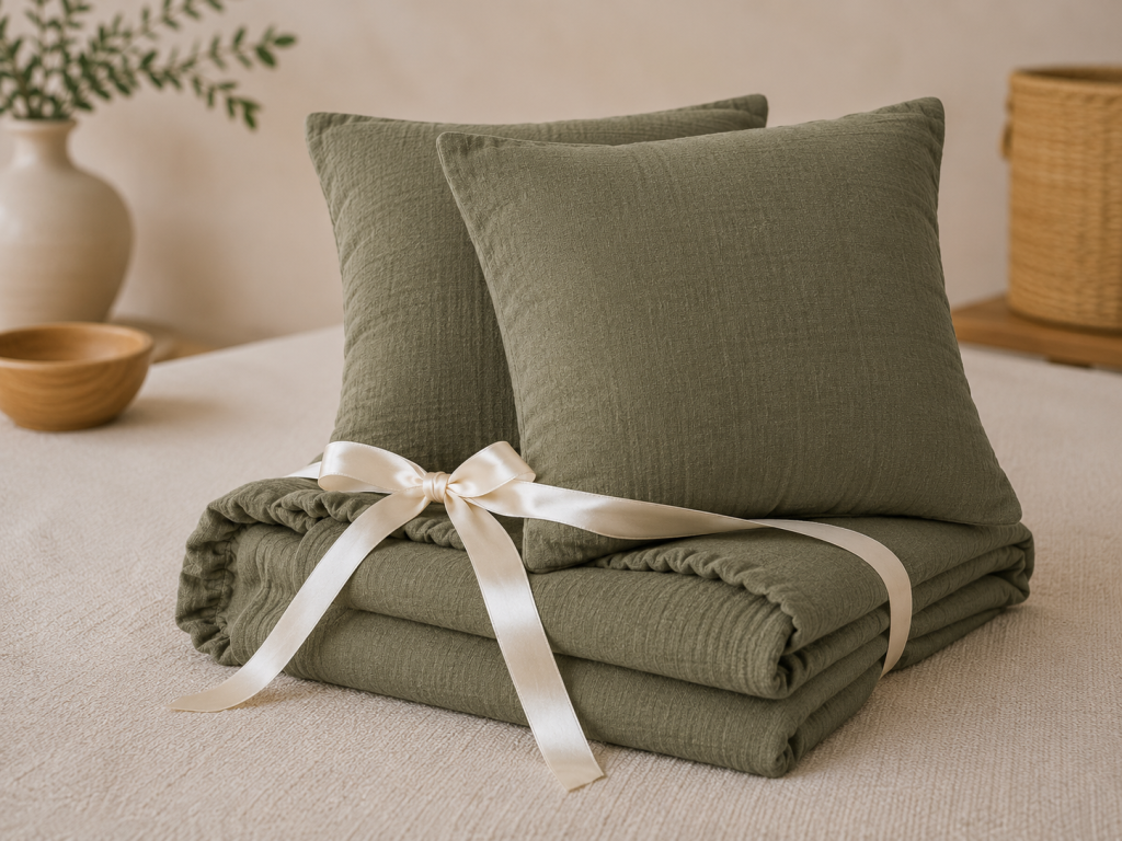 Pack Drap Housse 140 x 190 cm + 2 Taies d’Oreiller 60 x 60 cm Double Gaze de Coton GAÏA Romarin