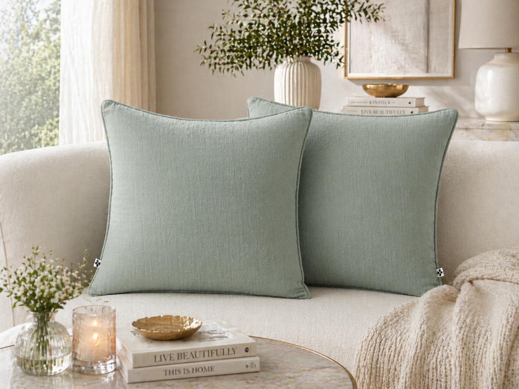 Lot de 2 coussins 45 x 45 cm gaze de coton Eucalyptus – Déhoussables zip – Passepoil