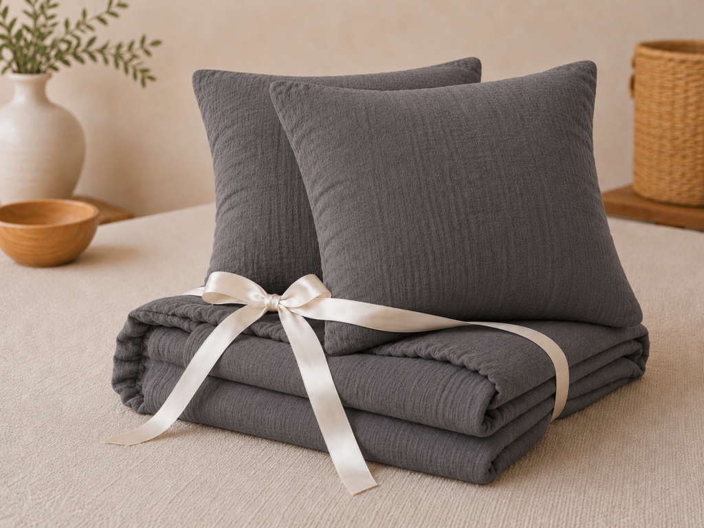 Pack Drap Housse 140 x 190 cm + 2 Taies d’Oreiller 60 x 60 cm Double Gaze de Coton GAÏA Granit