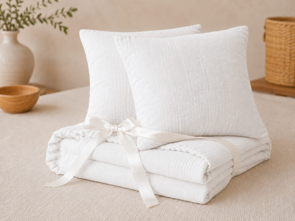 Pack Drap Housse 140 x 190 cm + 2 Taies d’Oreiller 60 x 60 cm Double Gaze de Coton GAÏA Blanc