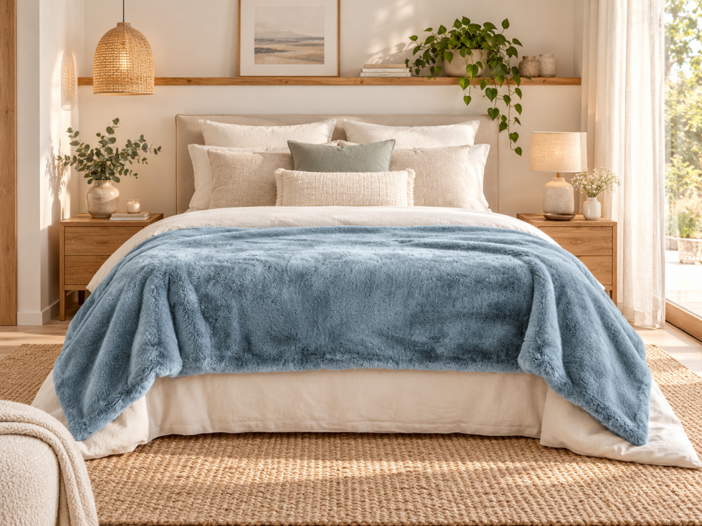 Bout de lit 90 x 220 cm fausse fourrure SVEN Bleu arctique